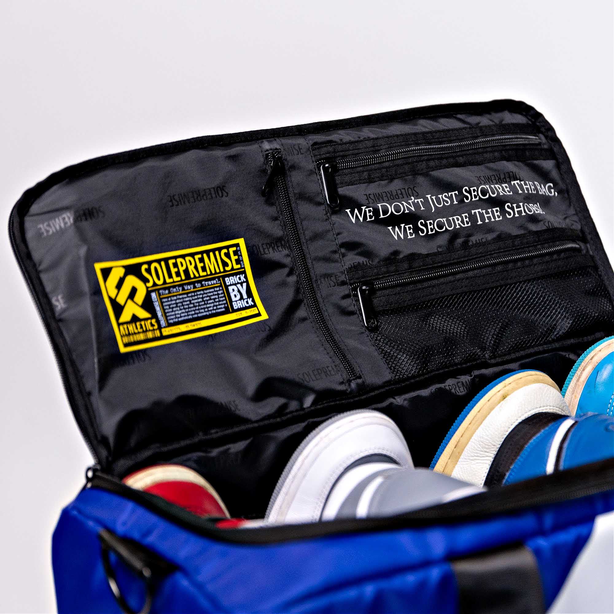 Blue Sneaker Duffle Bag Open Logo
