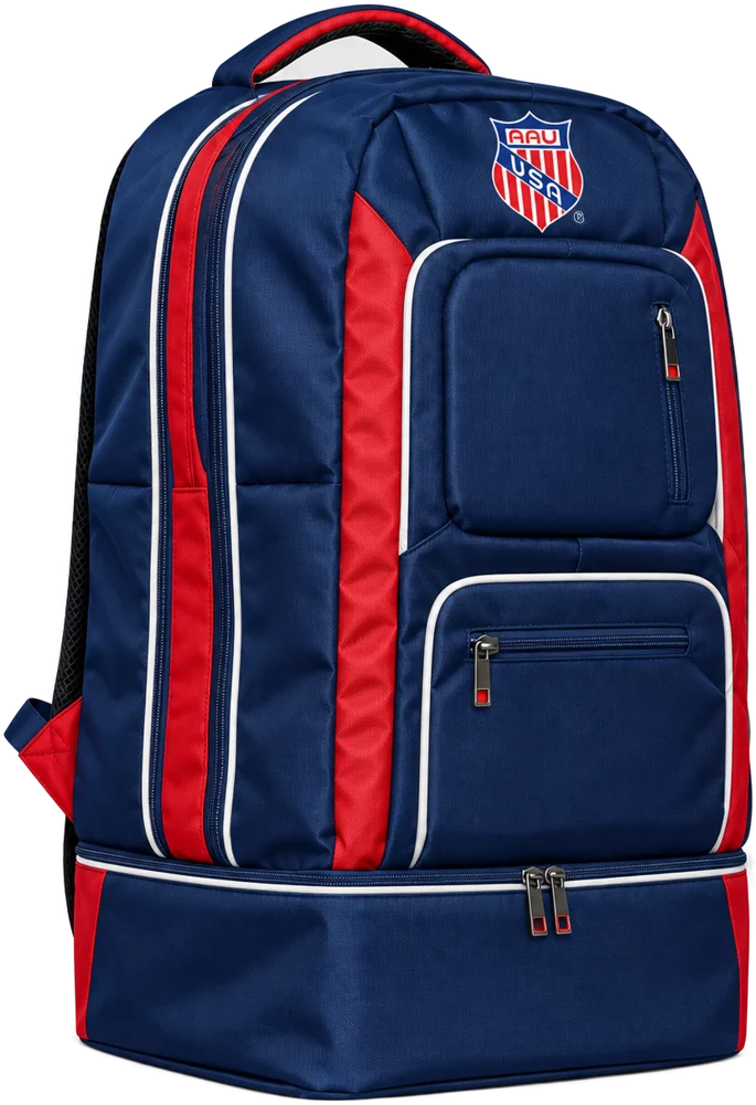 AAU × Sole Premise navy and red multi-sport backpack with shoe compartment